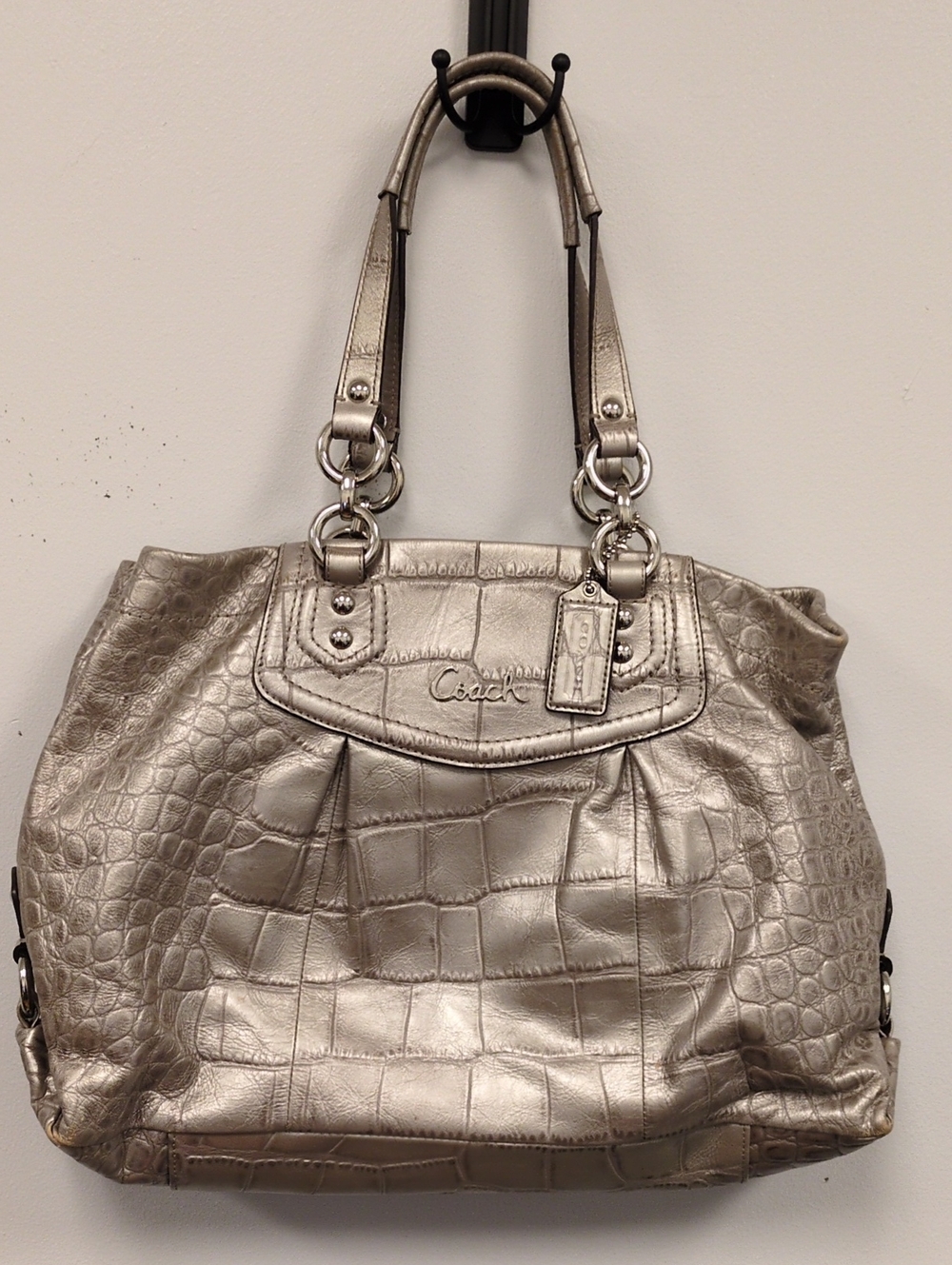 Coach Metallic Croc-Embossed Shoulder Bag in Silver